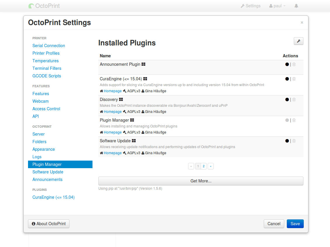 Octoprint - M33-Fio - Raspberry Pi - navigate to the settings and the plugins panel